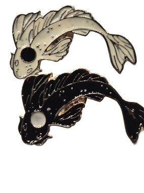 2 Enamel Tac Pins Yin Yang Koi Fish Black White Metal  Fashion Costume Jewelry